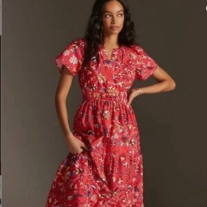 Anthropologie The Somerset Printed Poplin Maxi Dress in Bright Red